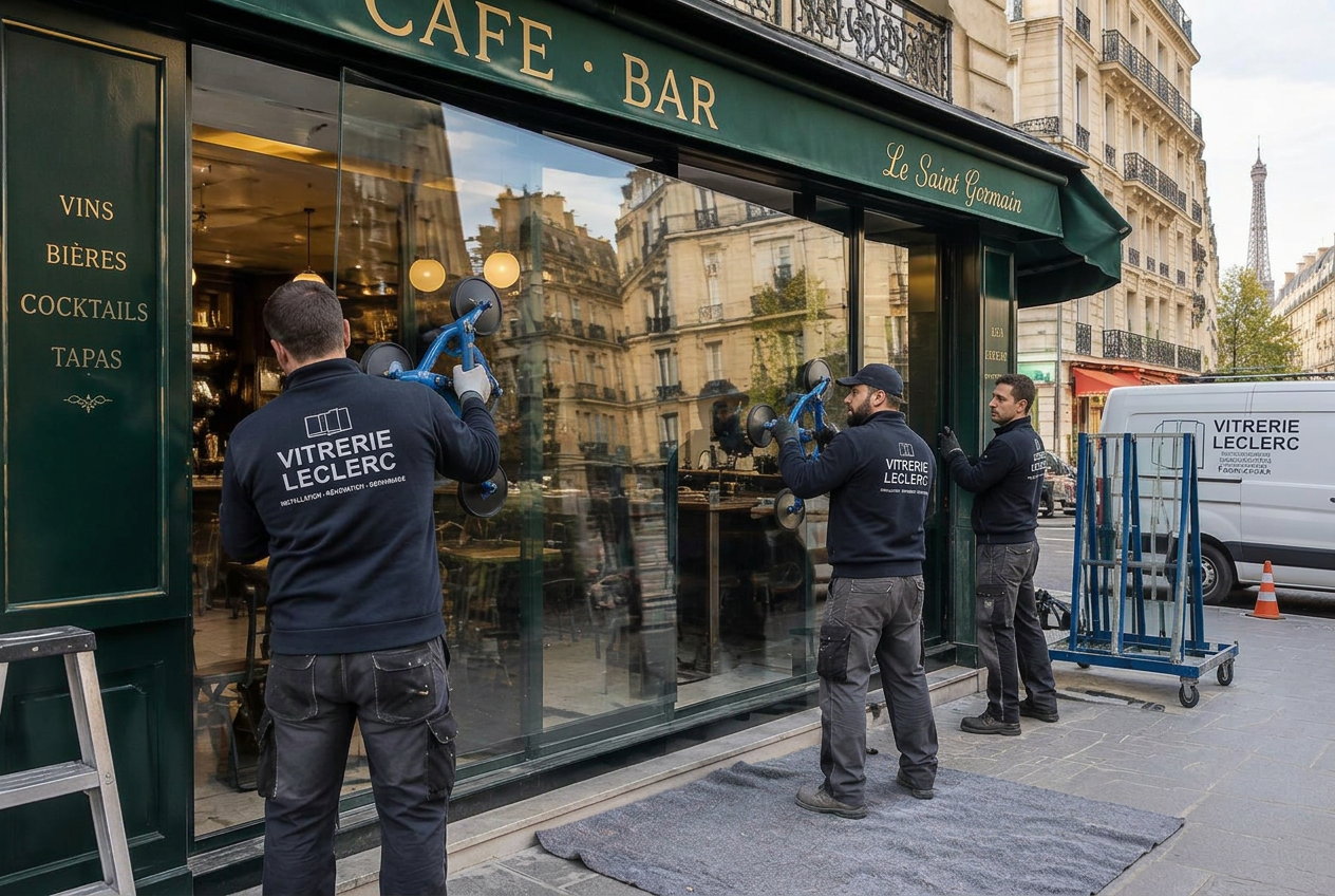 Vitriers posant une nouvelle devanture sur un café-bar parisien